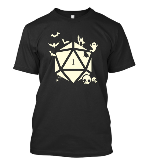 Spooky Polyhedral D20 Dice Critical Fail With Bats Ghost And Skulls T-Shirt