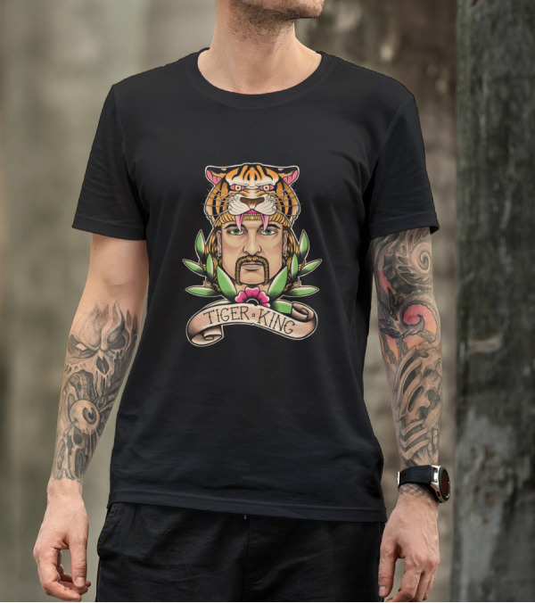 Tiger King Tiger Head With Man And Floral Elements T-Shirt