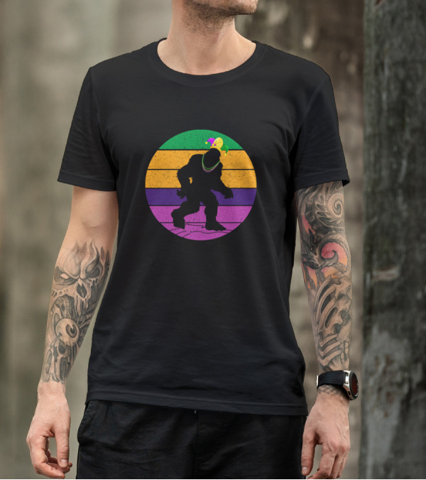 Vintage Bigfoot Mardi Gras Costume With Jester Hat And Beads T-Shirt