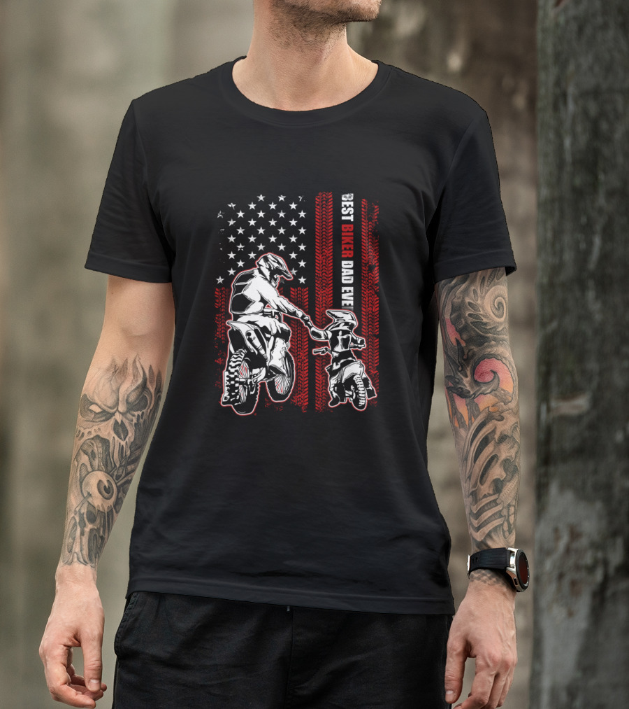 Best Biker Dad Ever American Flag Motocross Father And Son T-Shirt