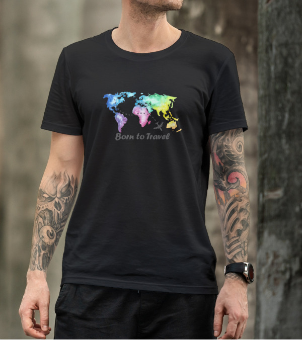 Born To Travel Colorful World Map With Airplane Path T-Shirt