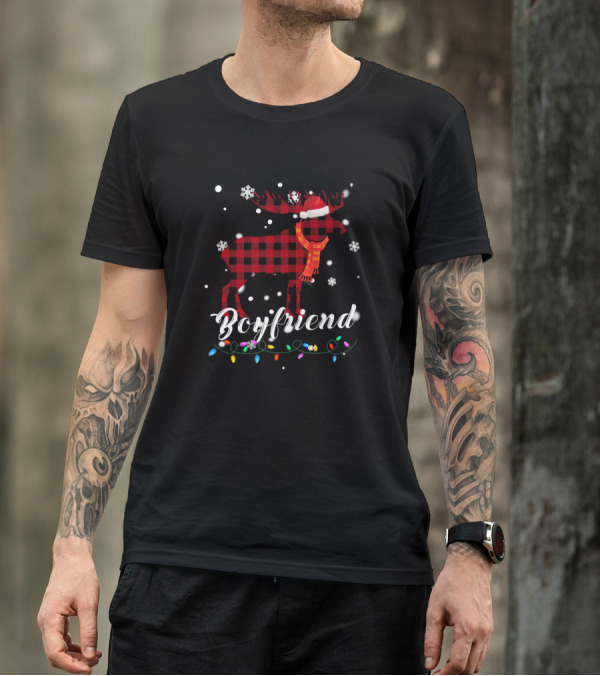 Boyfriend Moose Plaid Christmas Lights Snowflakes Scarf Santa Hat T-Shirt