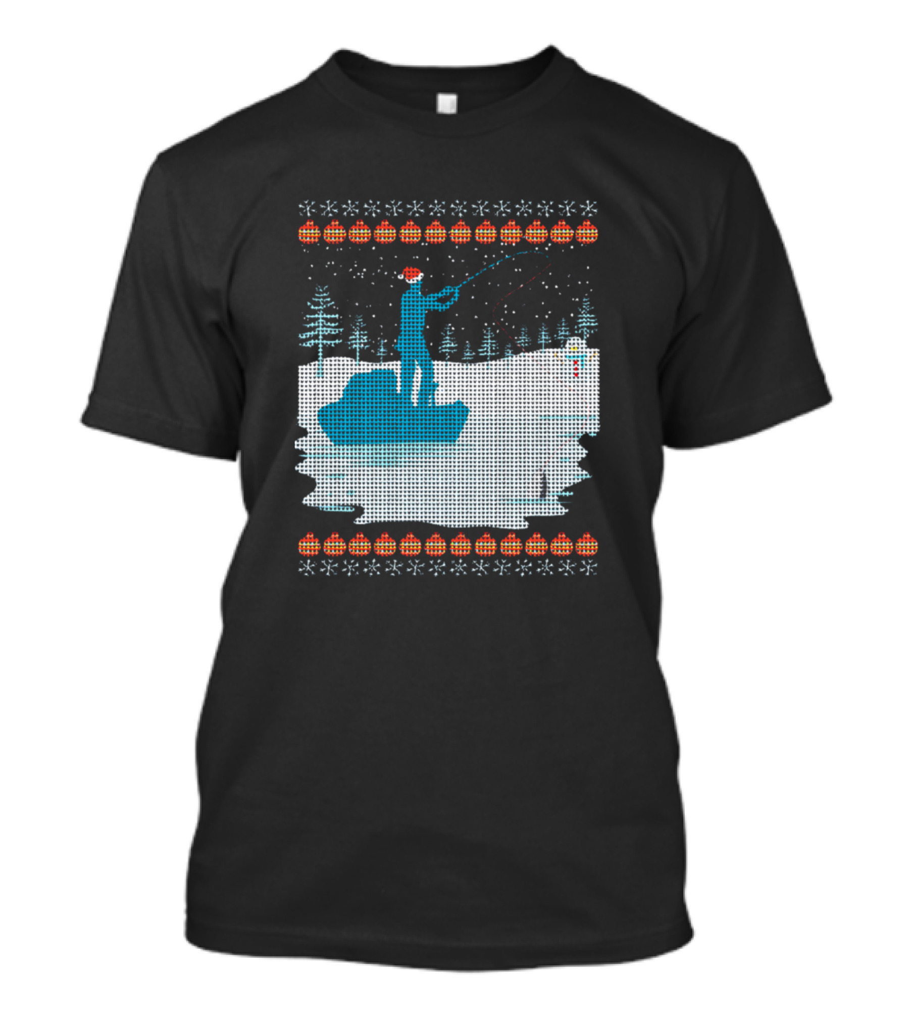 Ugly Christmas Sweater Ice Fishing Lake Snowflakes And Trees T-Shirt