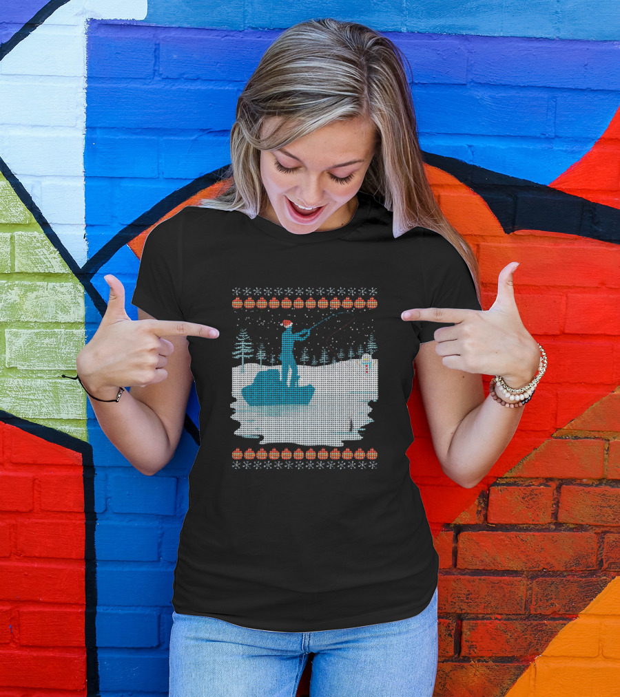 Ugly Christmas Sweater Ice Fishing Lake Snowflakes And Trees T-Shirt