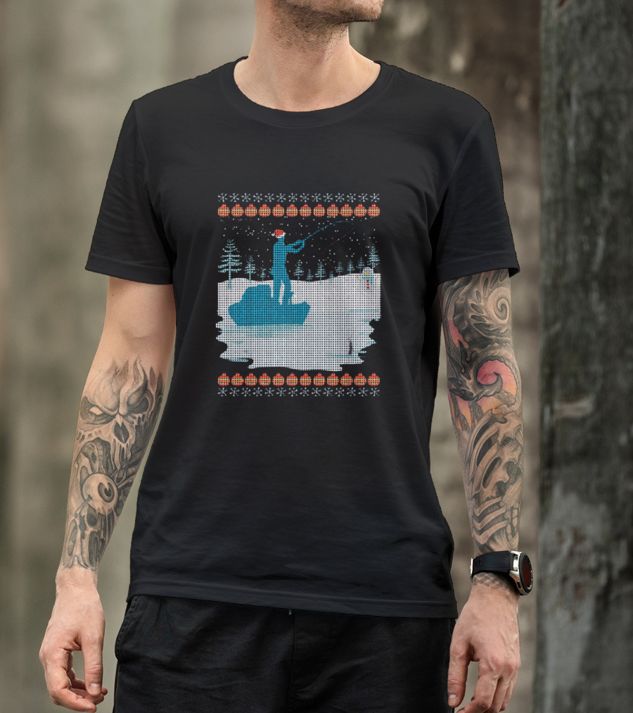 Ugly Christmas Sweater Ice Fishing Lake Snowflakes And Trees T-Shirt