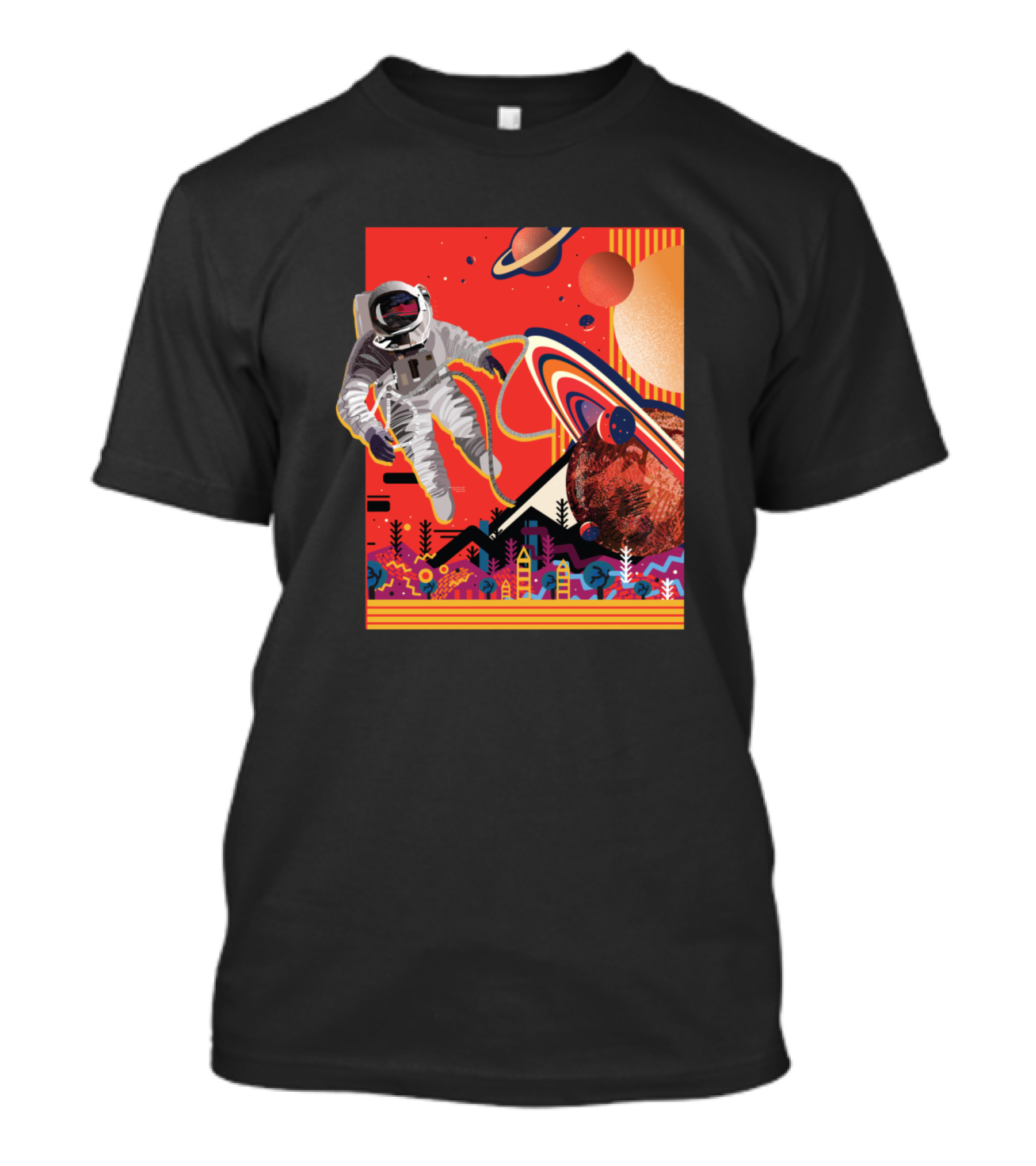 Floating Astronaut In Colorful Outer Space With Planets And Rings T-Shirt