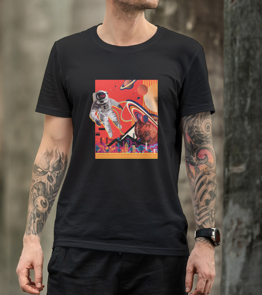 Floating Astronaut In Colorful Outer Space With Planets And Rings T-Shirt