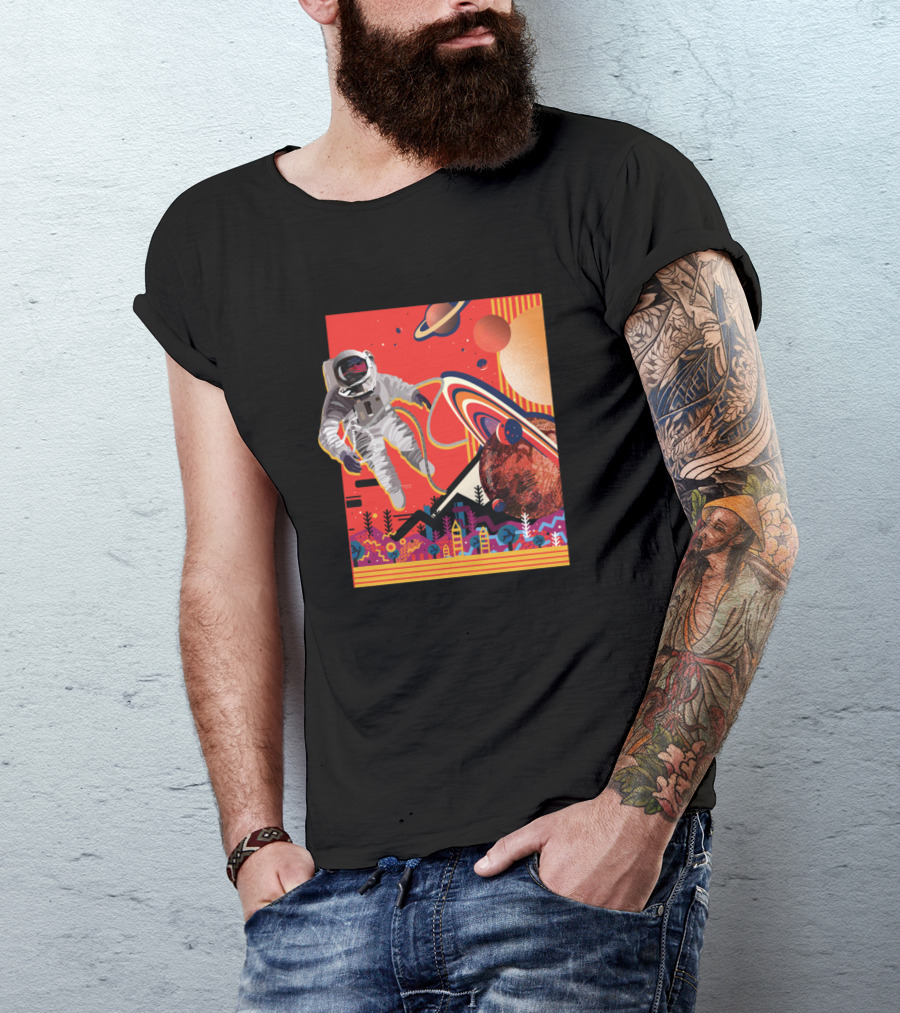 Floating Astronaut In Colorful Outer Space With Planets And Rings T-Shirt