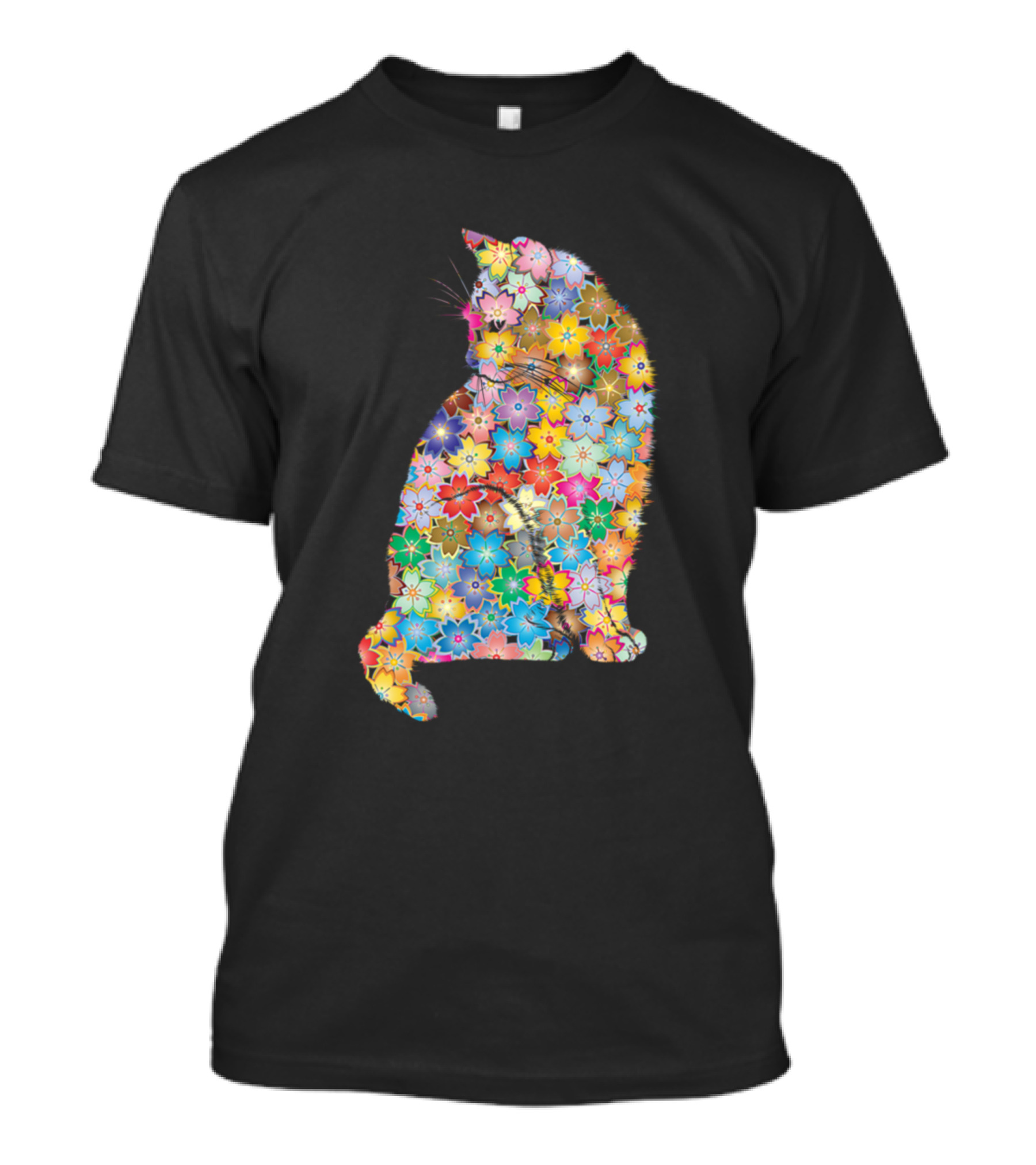 Floral Colorful Cat Silhouette With Multicolor Flowers T-Shirt