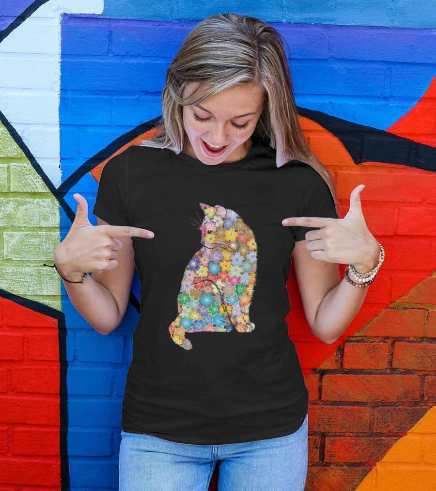 Floral Colorful Cat Silhouette With Multicolor Flowers T-Shirt