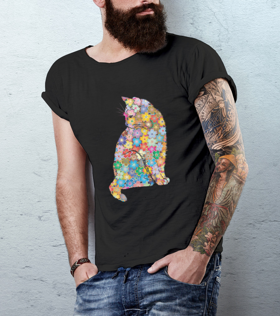 Floral Colorful Cat Silhouette With Multicolor Flowers T-Shirt