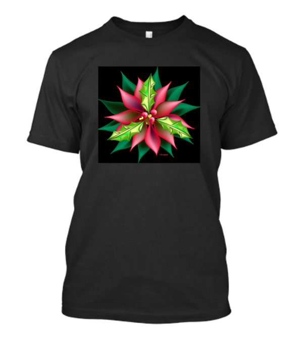 Holly Poinsettia Christmas Flower Red Green Leaves T-Shirt