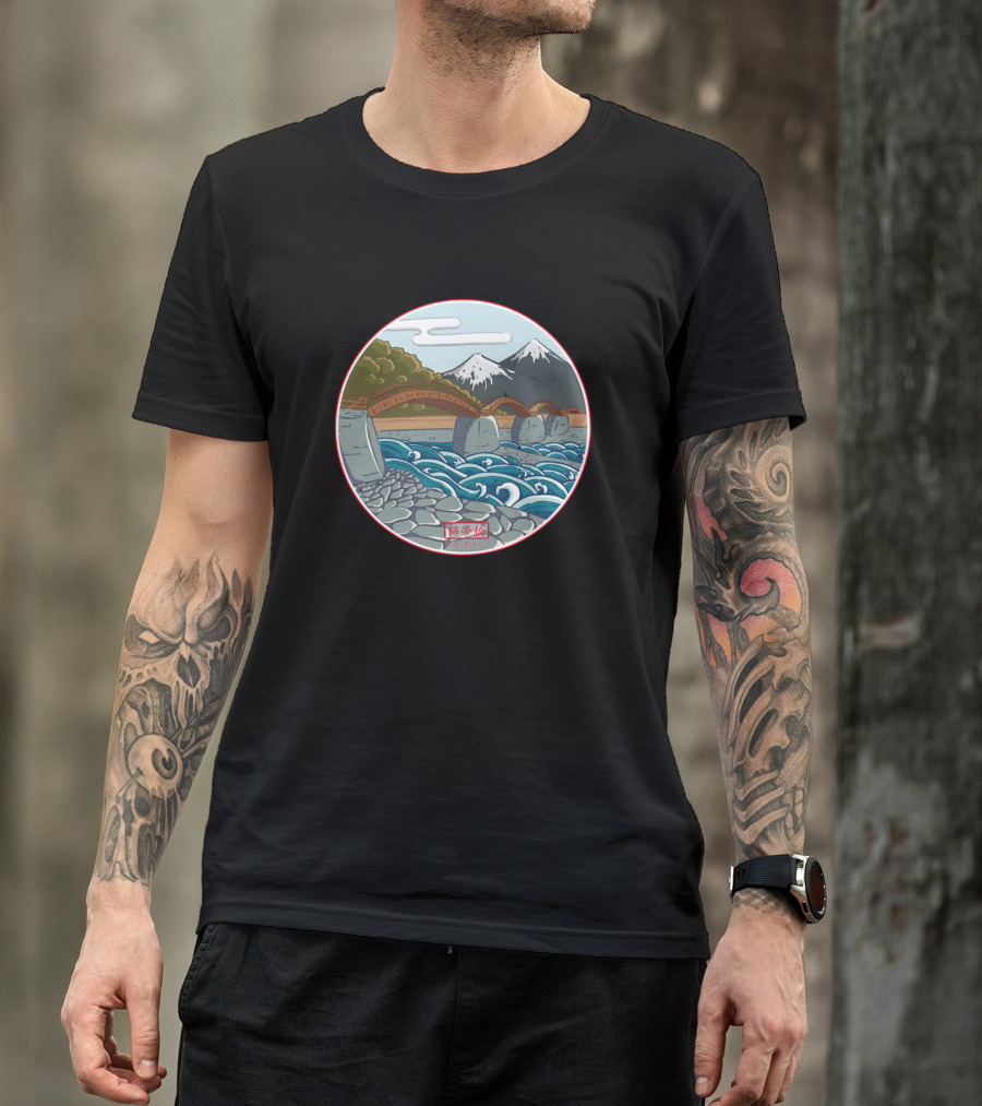 Kintaikyo Five Arch Bridge With Mountains And Waves T-Shirt