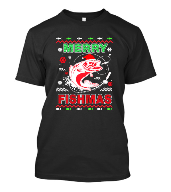 Merry Fishmas Santa Hat Fishing Rod Ugly Christmas T-Shirt