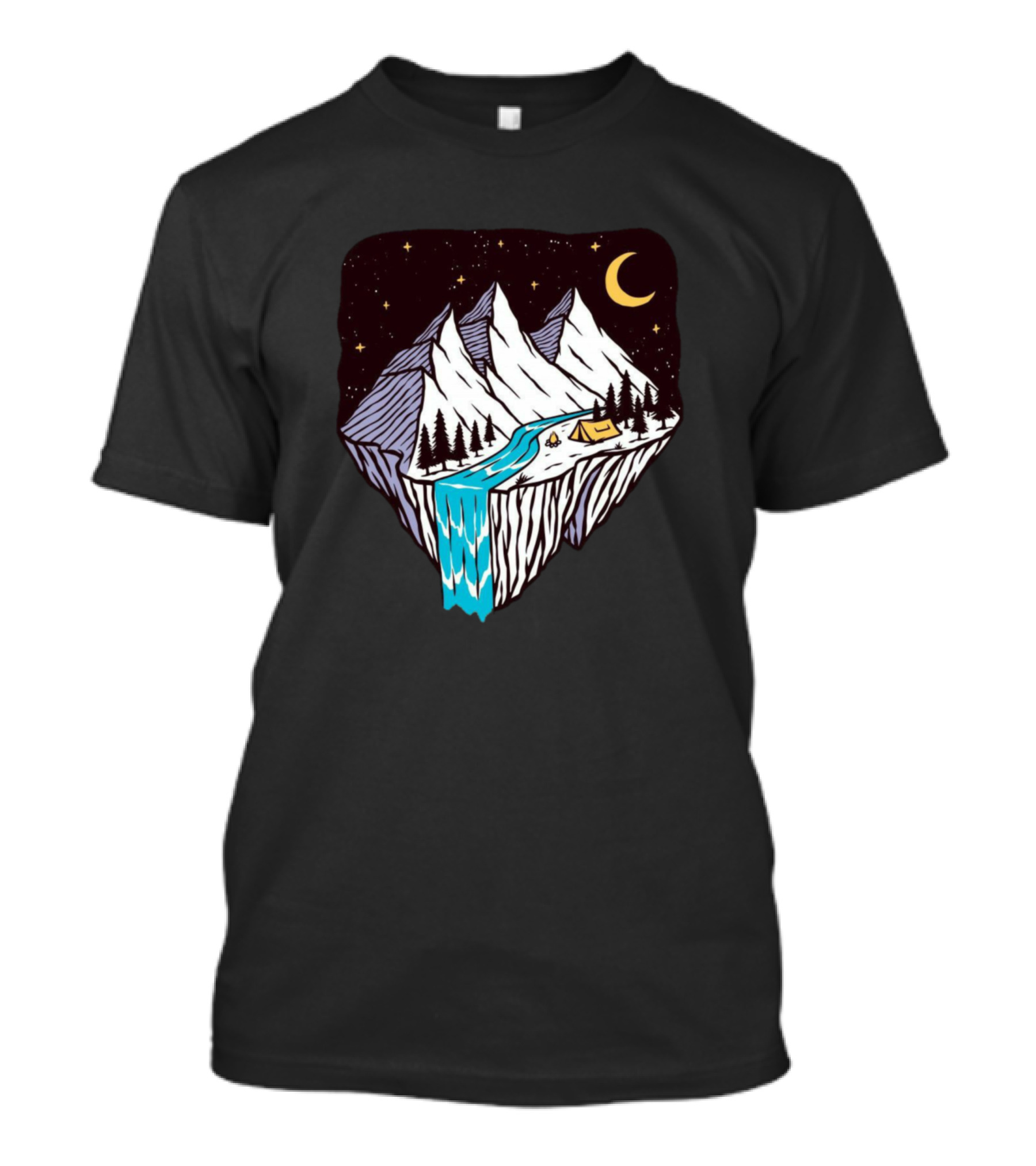 Camping Under Stars With Night Mountain Scenery And Crescent Moon T-Shirt