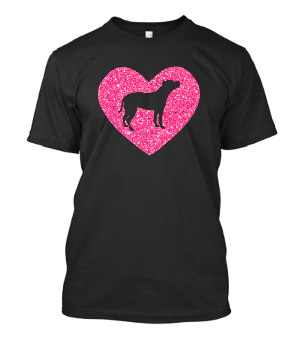 Pit Bull Silhouette Pink Heart Glitter T-Shirt