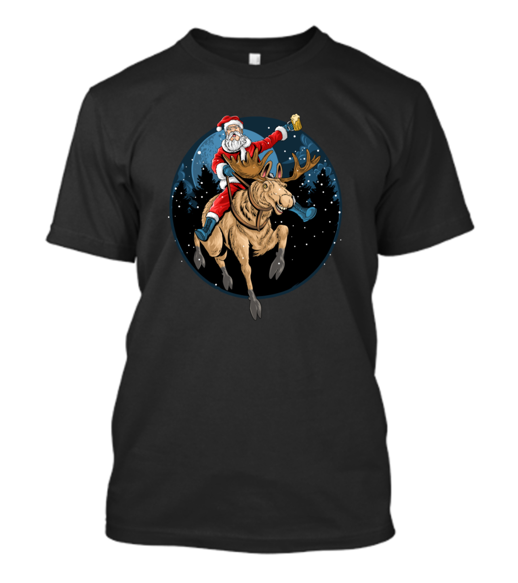 Santa Claus Riding A Reindeer With Beer Under Moonlit Forest Scene T-Shirt