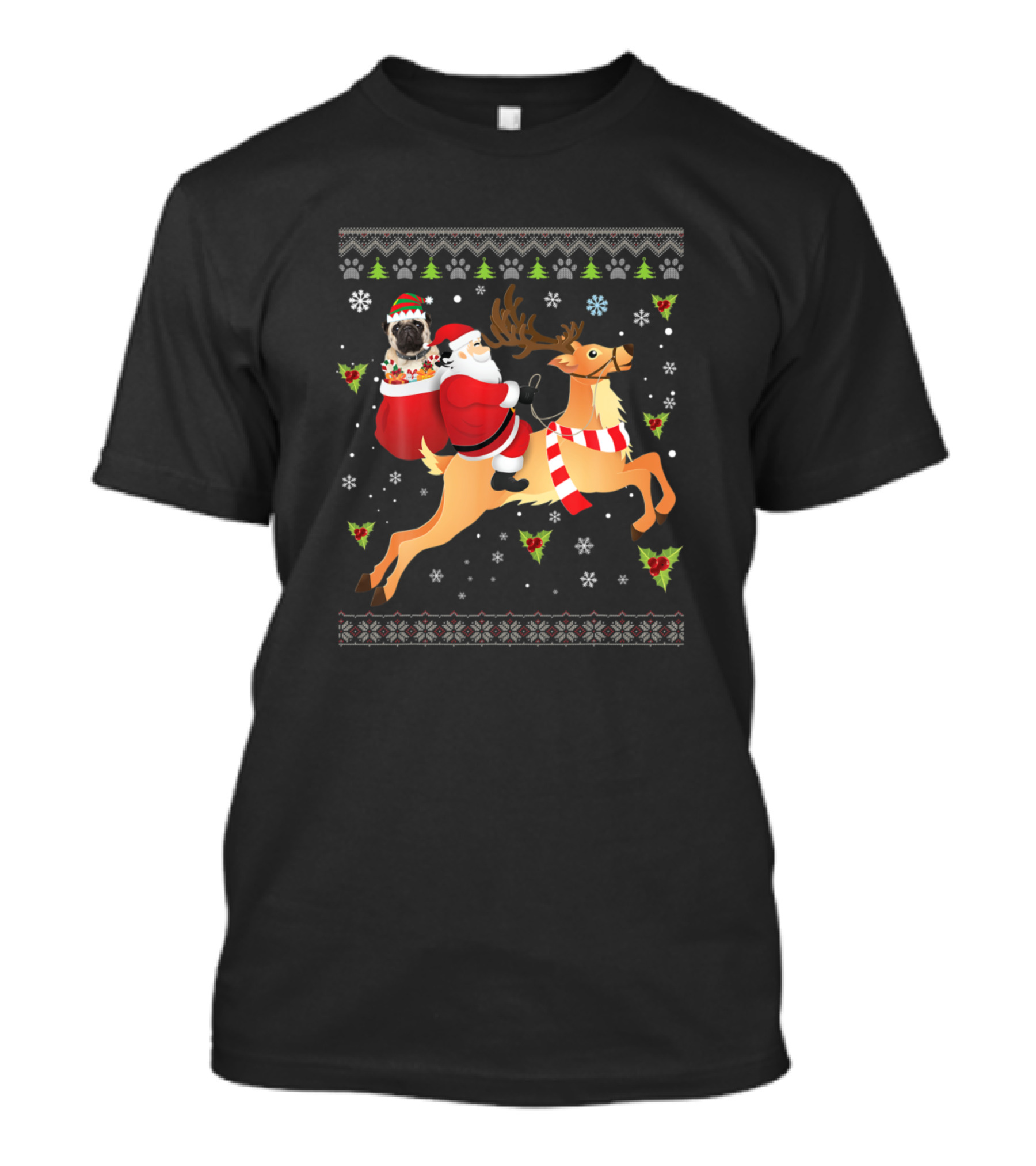 Santa Riding Reindeer With Pug And Presents T-Shirt