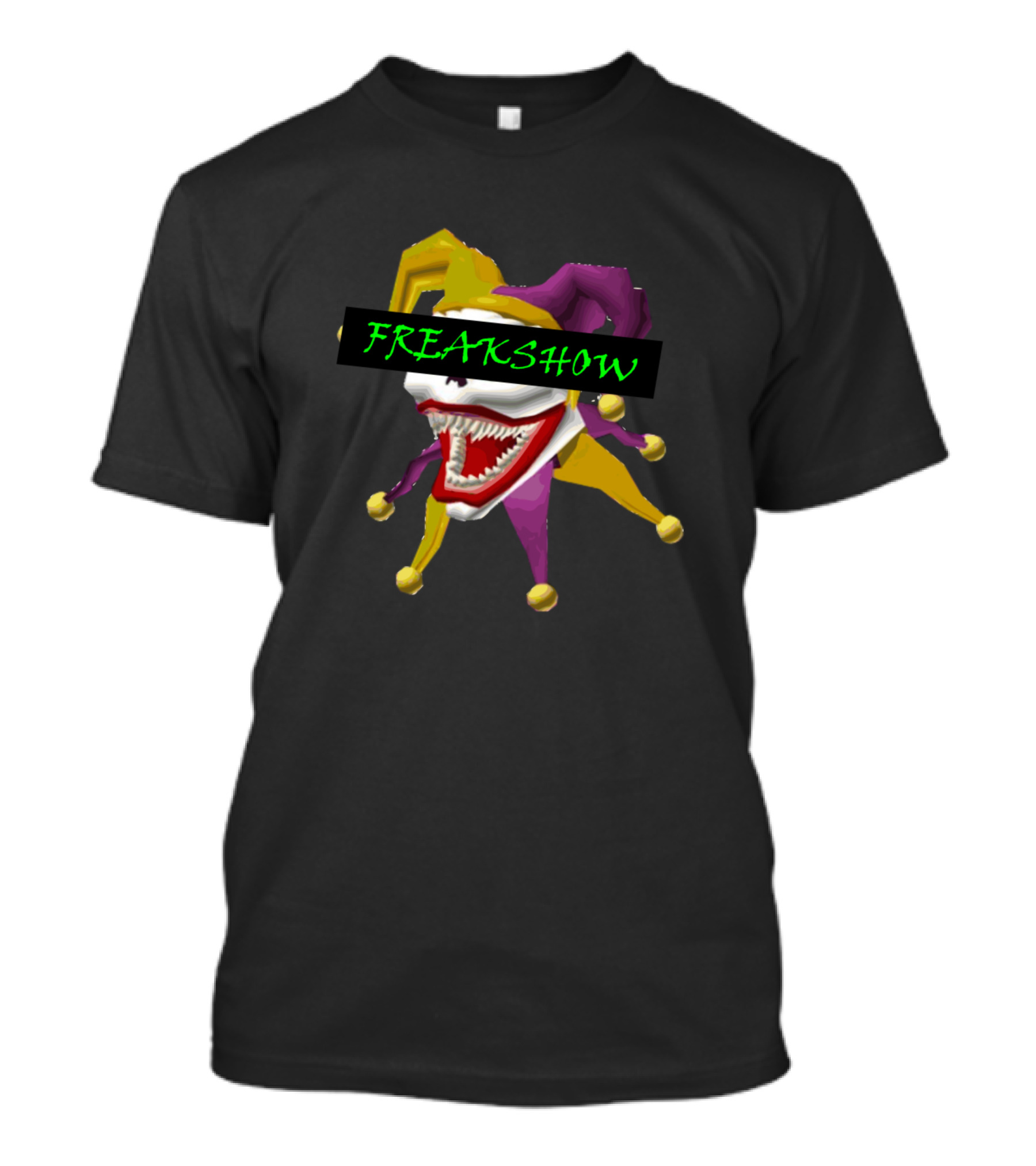 Freakshow Jester Mask With Red Grinning Face And Yellow Purple Hat T-Shirt