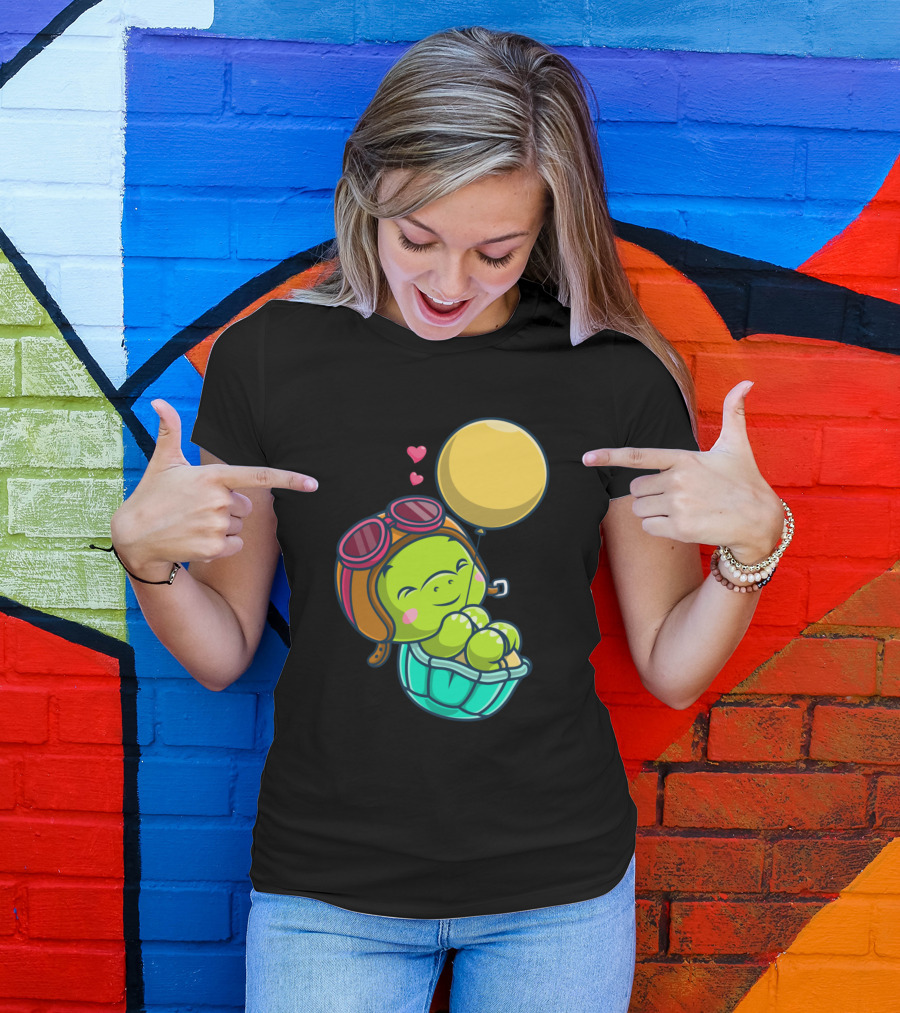 Turtle Pilot Balloon Adventure Hearts T-Shirt