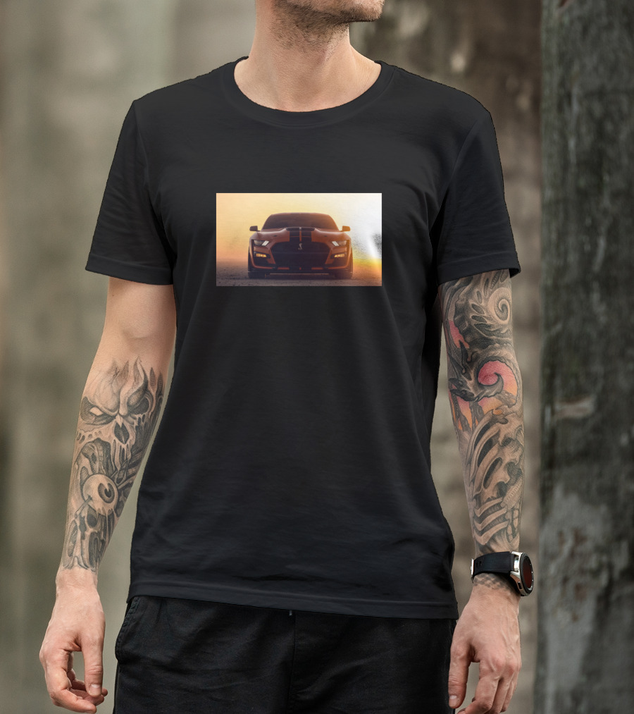 Ford Mustang Sunrise Silhouette With Yellow Glow And Black Detail T-Shirt