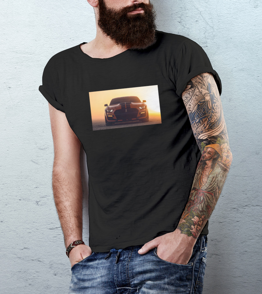 Ford Mustang Sunrise Silhouette With Yellow Glow And Black Detail T-Shirt