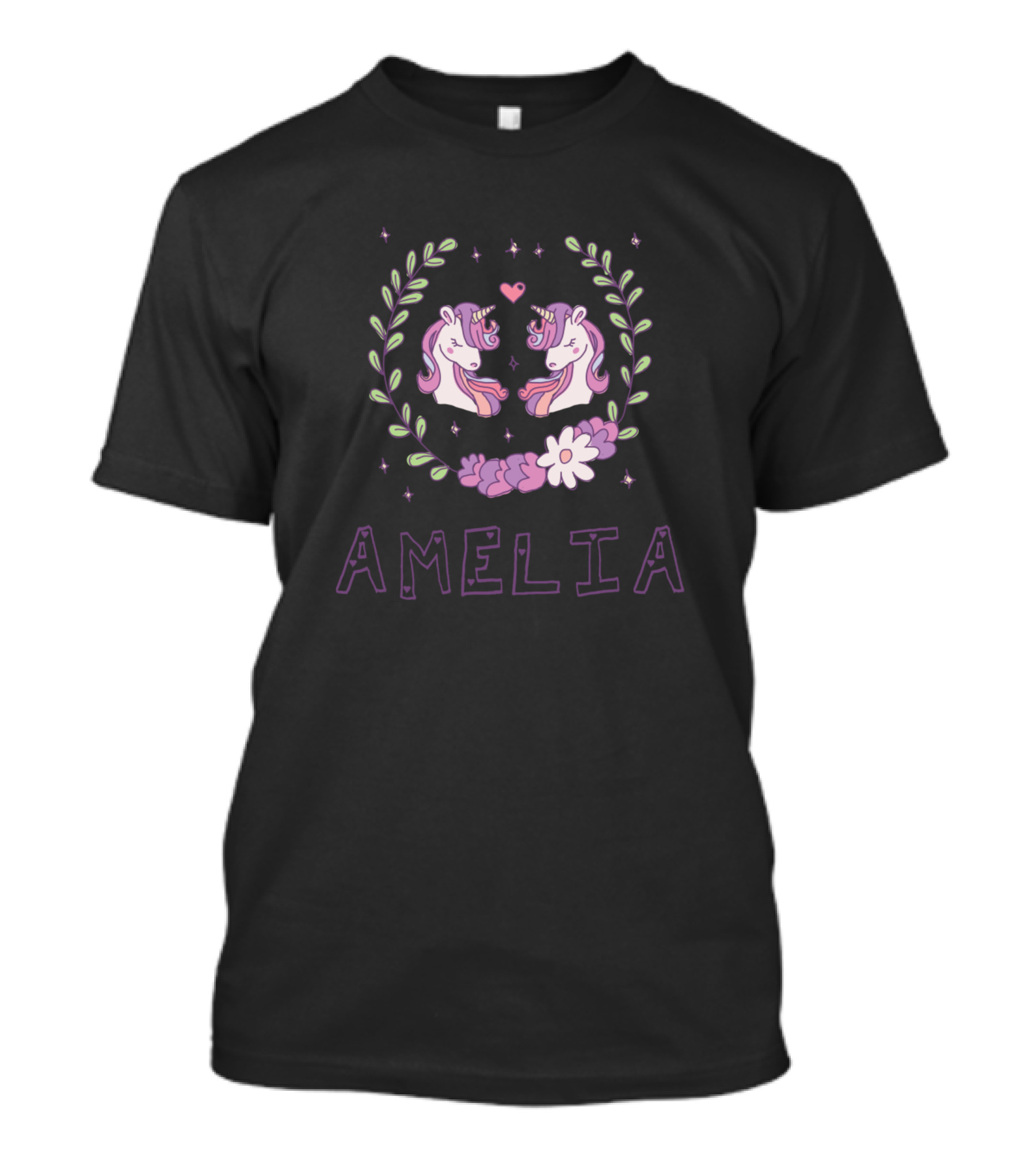 AMELIA Unicorns Pink Green Heart Flowers Stars T-Shirt
