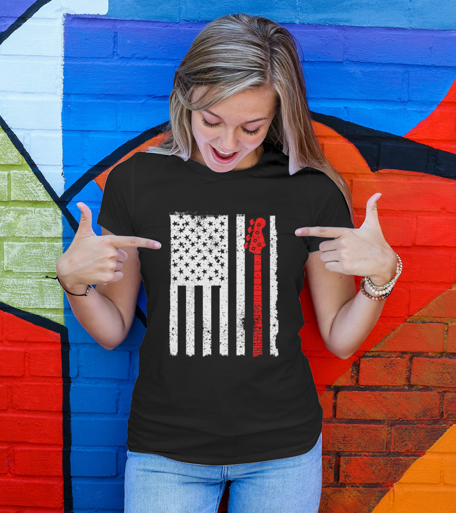 American Flag Guitar Musician Bass Neck Stars And Stripes USA T-Shirt