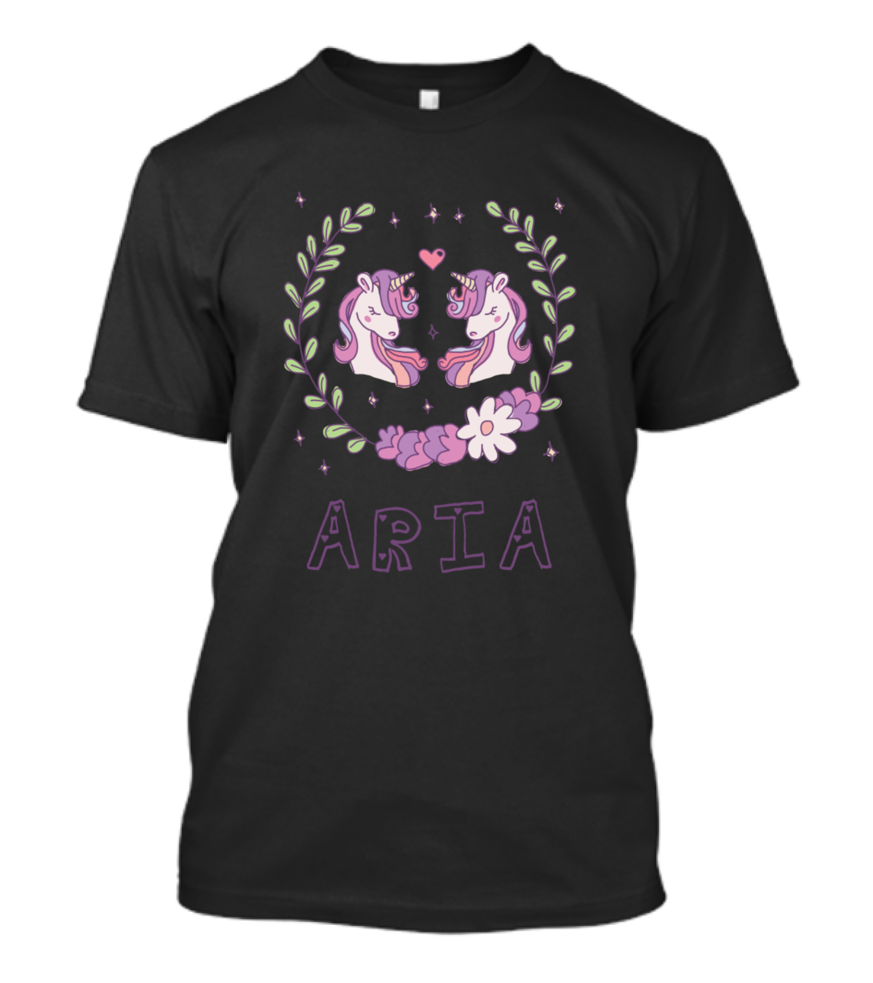Aria Unicorns With Purple Floral Heart Wreath T-Shirt