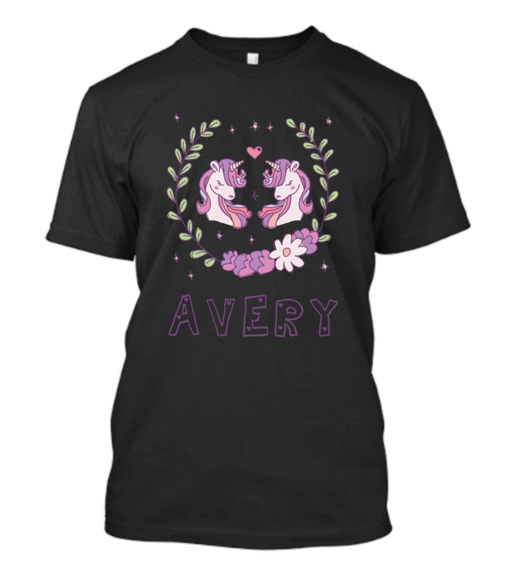 Avery Unicorns And Flowers With Heart And Leaves T-Shirt