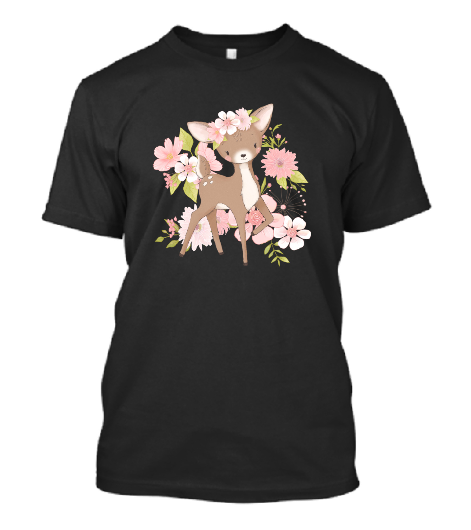 Children Deer Fawn Red Deer Hind Pink Flower Motif T-Shirt