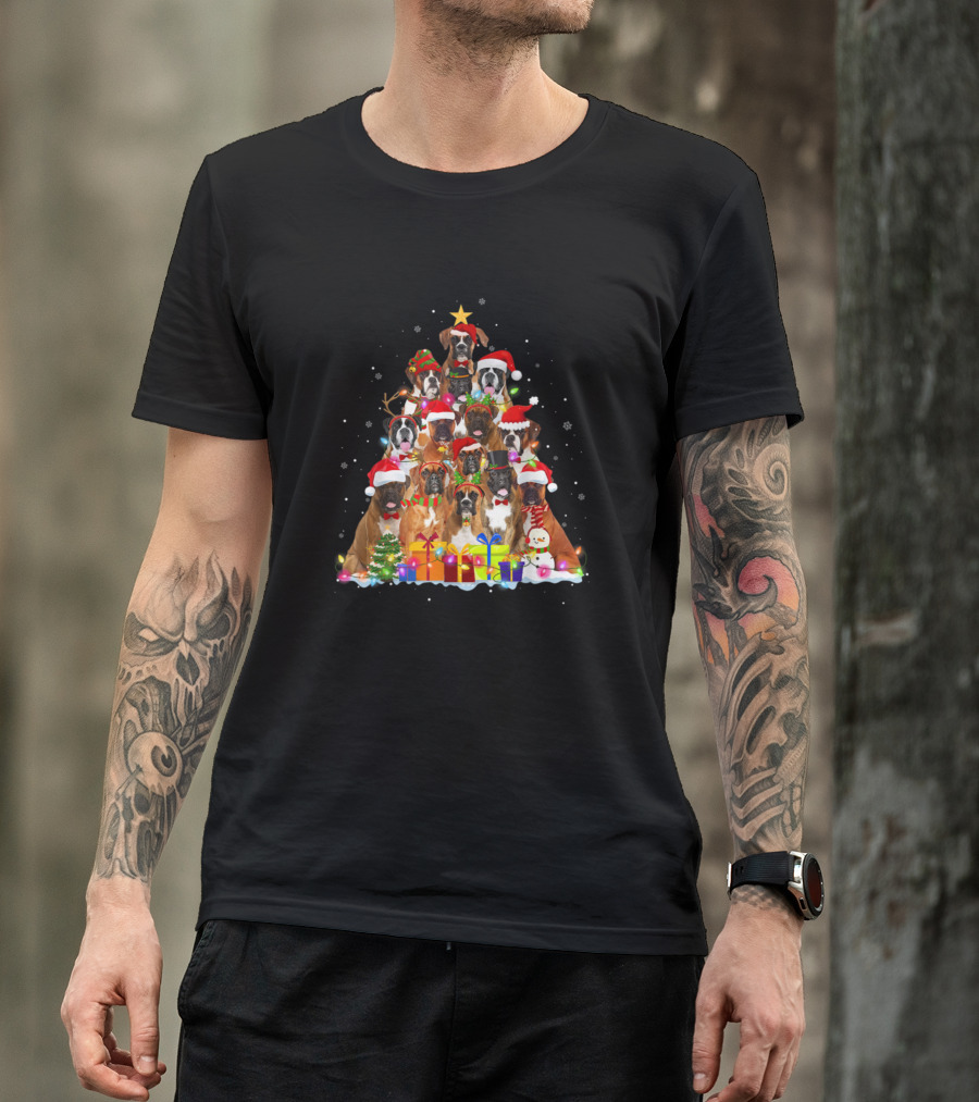 Christmas Boxer Dog Tree With Santa Hats And Presents T-Shirt