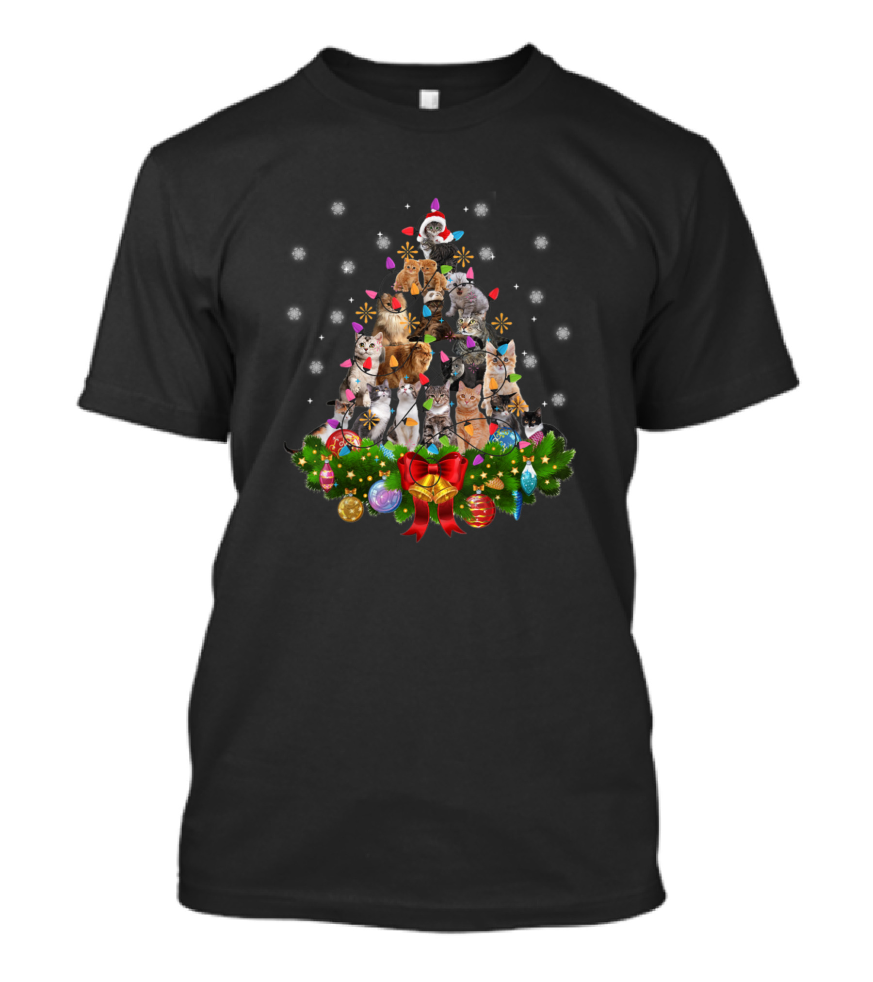 Christmas Cats Tree With Xmas Lights And Snowflakes Kittens T-Shirt