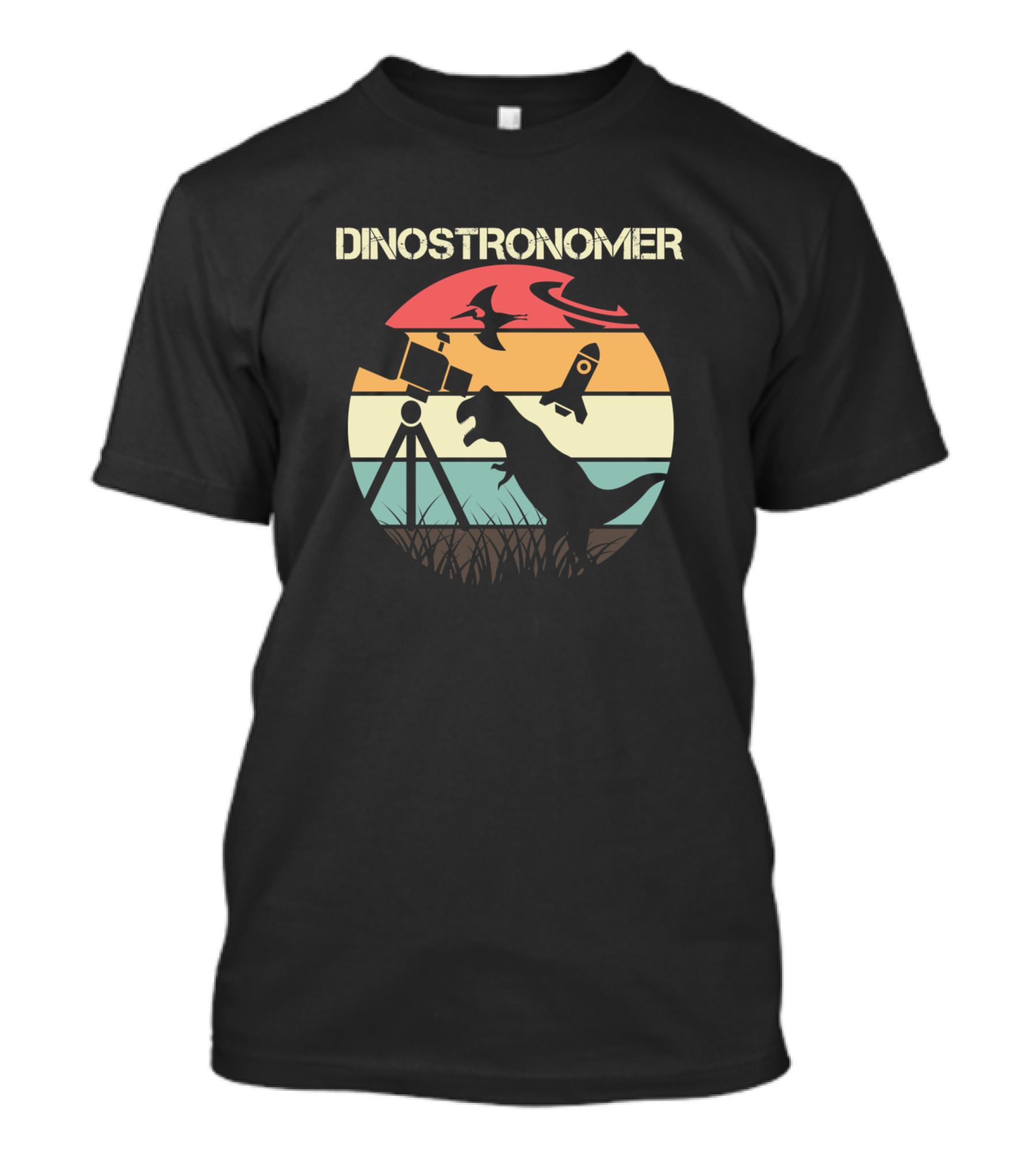 Dinostronomer Dinosaur Telescope Rocket Pterodactyl Sunset Vintage Space Universe T-Shirt
