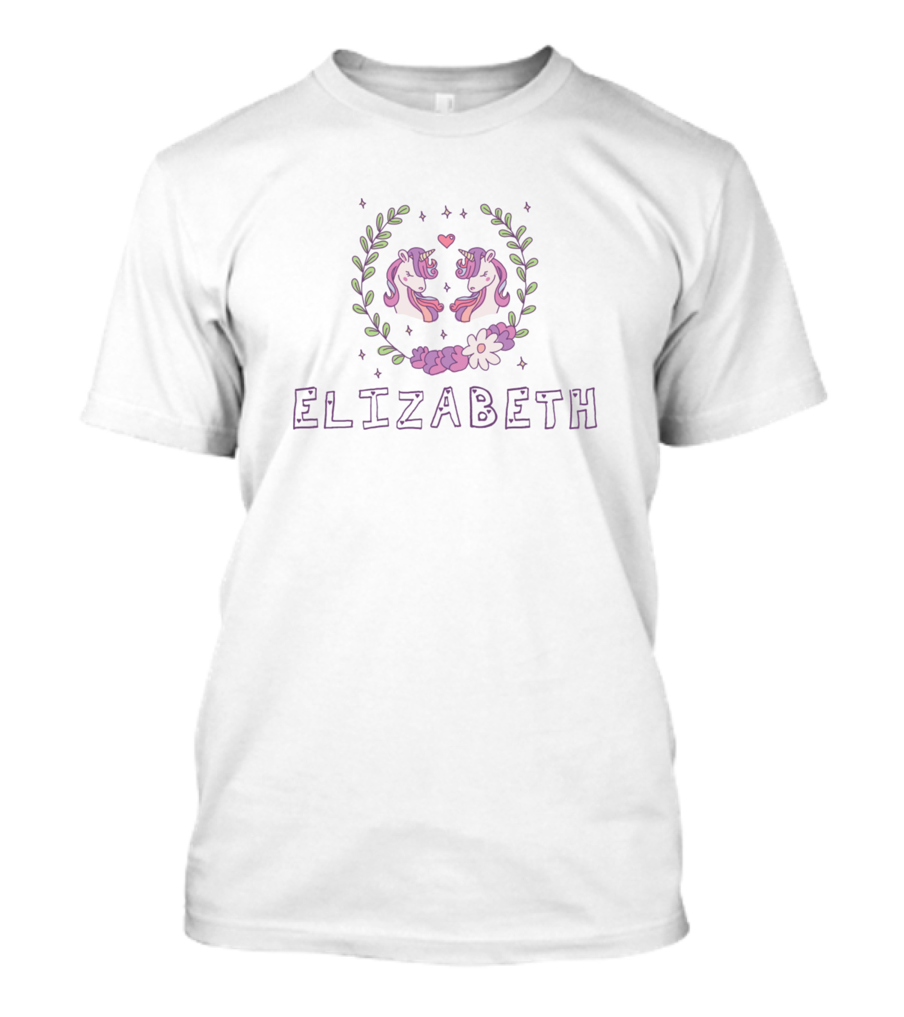 ELIZABETH Pink Unicorns And Floral Heart Wreath T-Shirt