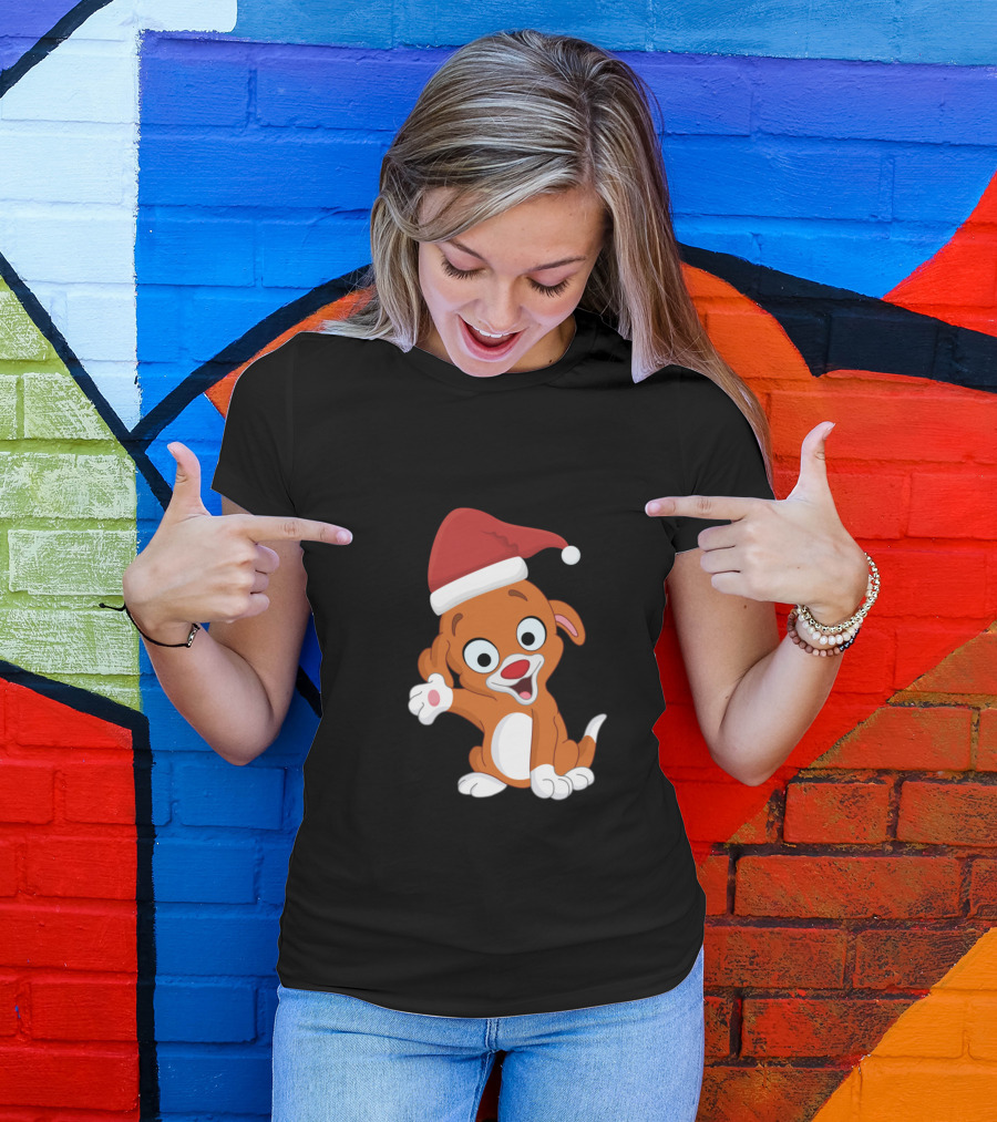 Feliz Navidog Cute Puppy In Red Christmas Santa Hat T-Shirt