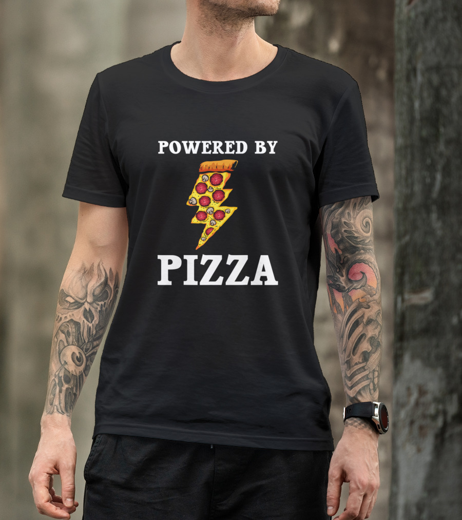 Powered By Pizza Lightning Bolt Funny Kids Cool T-Shirt
