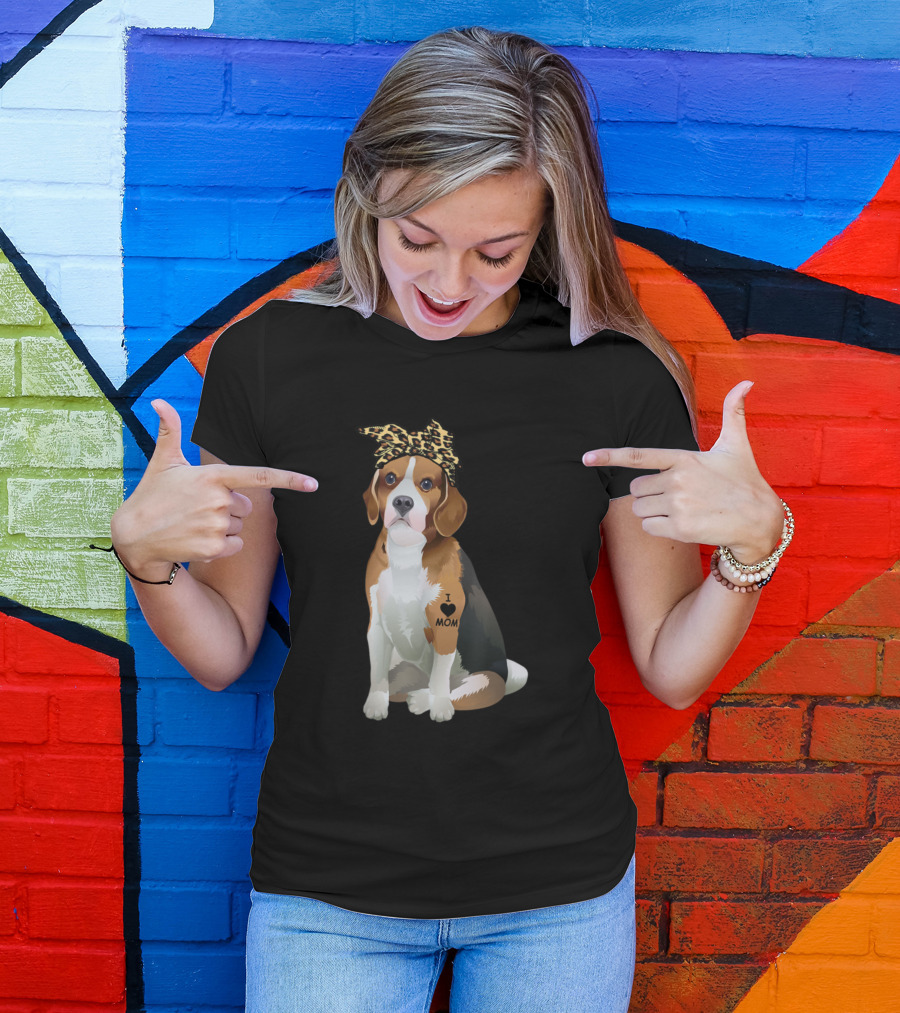 I Love Mom Beagle Tattoo Leopard Bow T-Shirt