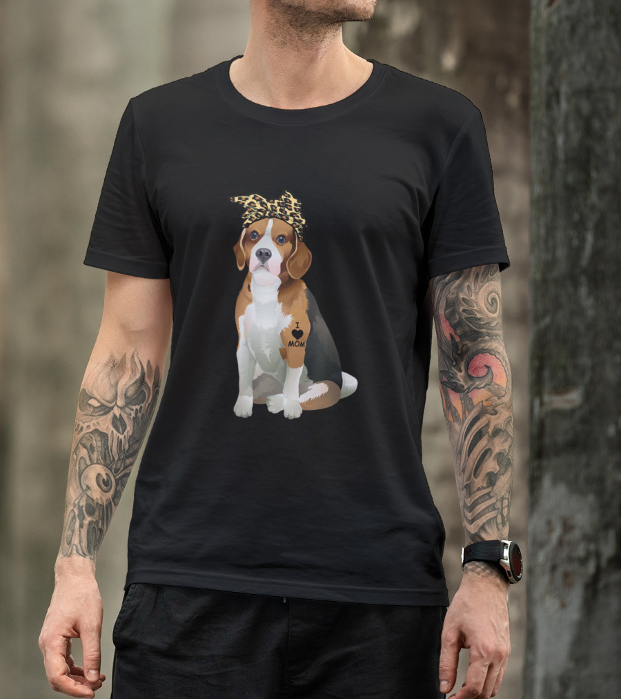 I Love Mom Beagle Tattoo Leopard Bow T-Shirt