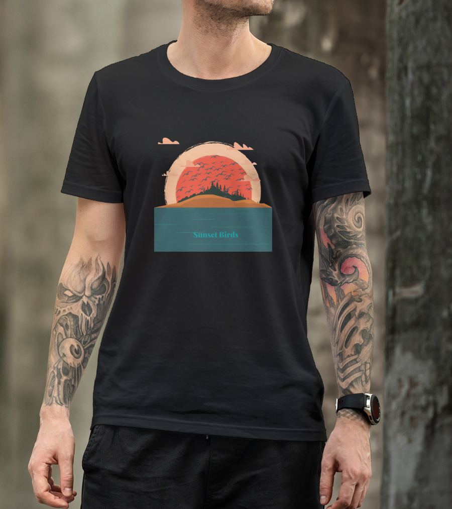 Sunset Birds Over Island Hills And Forest T-Shirt