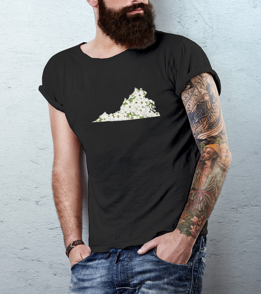 Virginia Map With White Dogwood Flowers T-Shirt