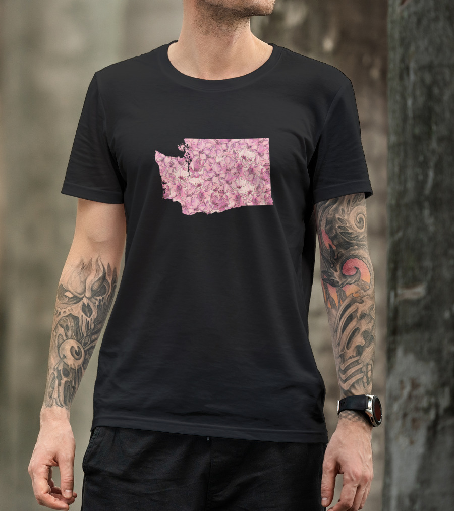 Washington State Outline Filled With Pink Flowers T-Shirt