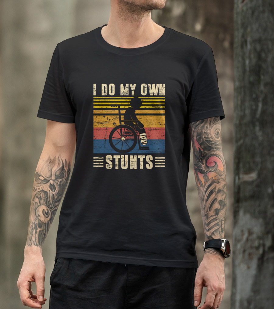 I Do My Own Stunts Wheelchair Leg Injury Retro Stripes T-Shirt
