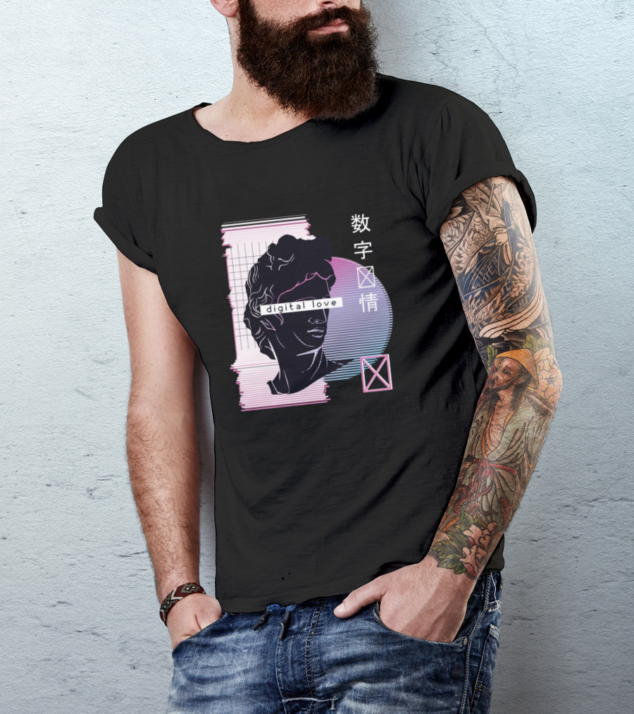 Vaporwave Digital Love Aesthetic With Japanese Characters And Classical Bust T-Shirt