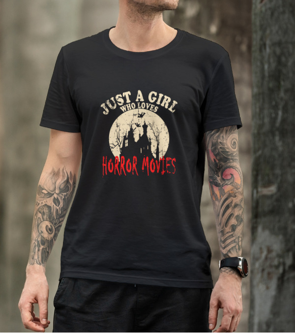 Just A Girl Who Loves Horror Movies Haunted House Halloween Moon Bats T-Shirt