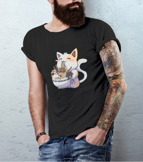 Kawaii Neko Cat Enjoying Ramen Bowl Anime Japanese T-Shirt