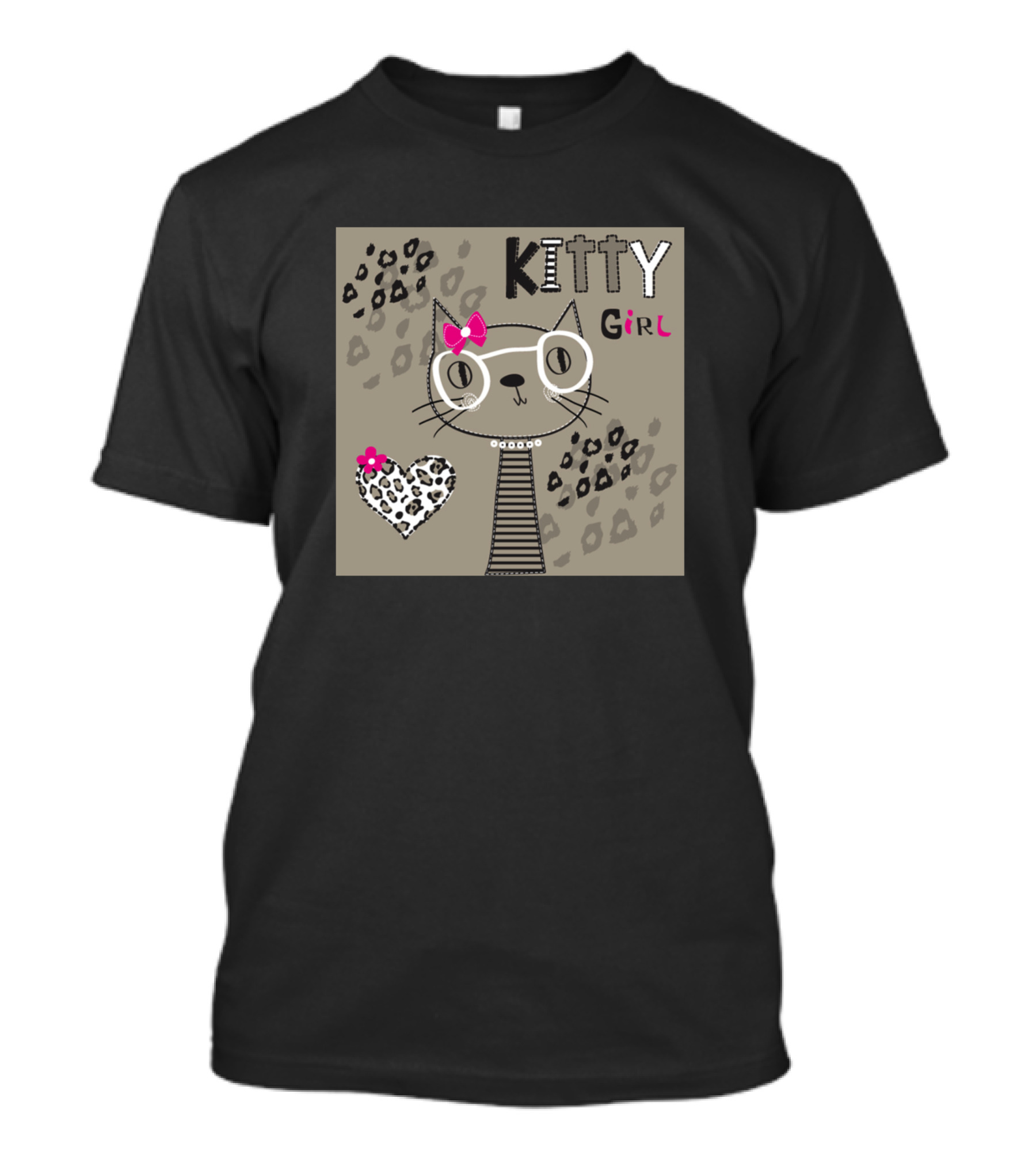 Kitty Girl Leopard Heart Glasses And Pink Bow T-Shirt