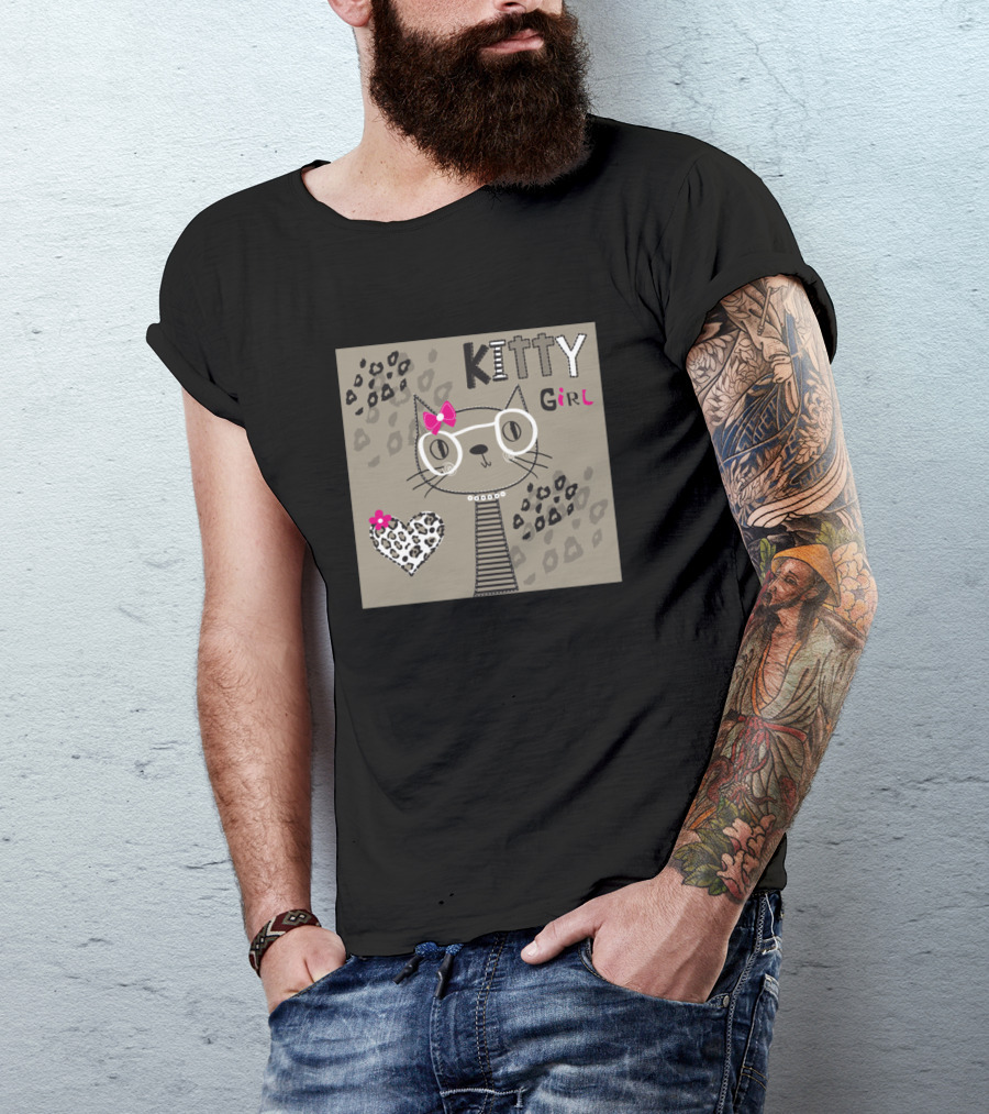 Kitty Girl Leopard Heart Glasses And Pink Bow T-Shirt