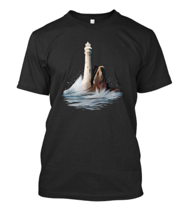 Lighthouse Ocean Rocks Waves Splashing Scene T-Shirt