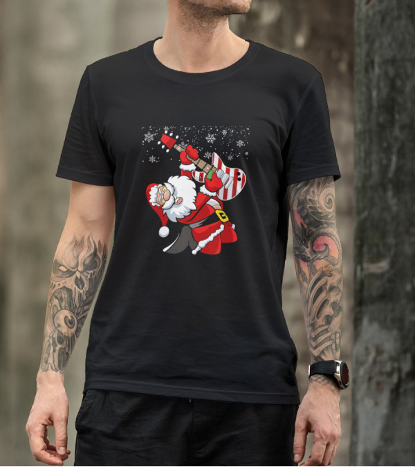 Santa Rocking Guitar Under Snowflakes T-Shirt